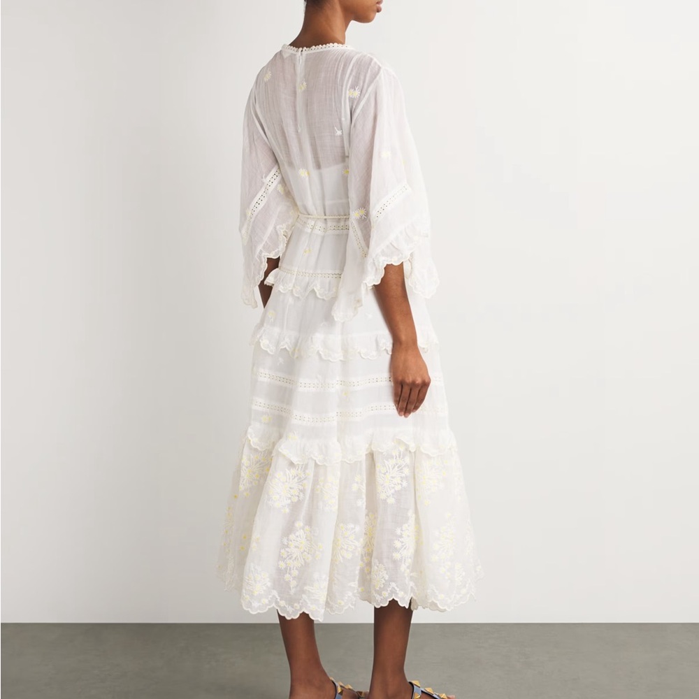 Zimmermann Acacia Tiered Embroidered Eyelet Yellow Flower Cream Midi Dress NEW - Picture 16 of 16